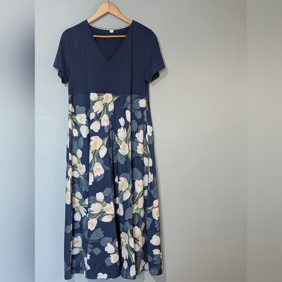Exclusive‎ Brand Women's Large Navy Floral Maxi Short Sleeve Dress - Picture 2 of 9